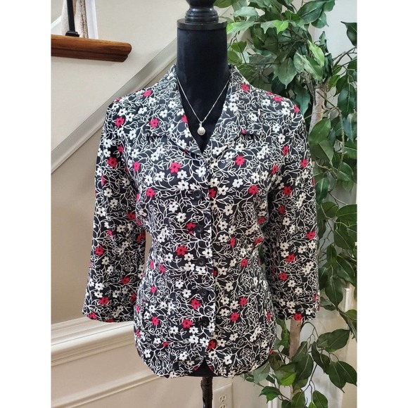 Kim Rogers Women's Black Floral Linen Collared Long Sleeve Button Down Shirt 12 - Picture 1 of 11